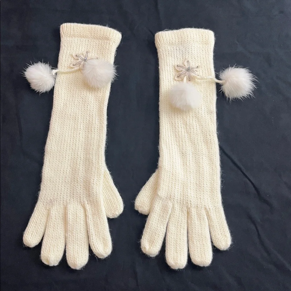 Steve Madden Cream Knit Gloves with Pom Poms
